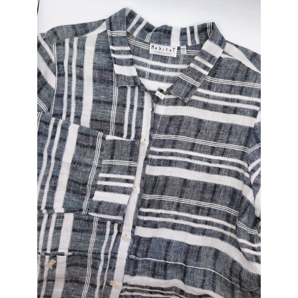 Habitat Clothes To Live In 100% Linen Button Up Top Women's Large Striped Artsy
